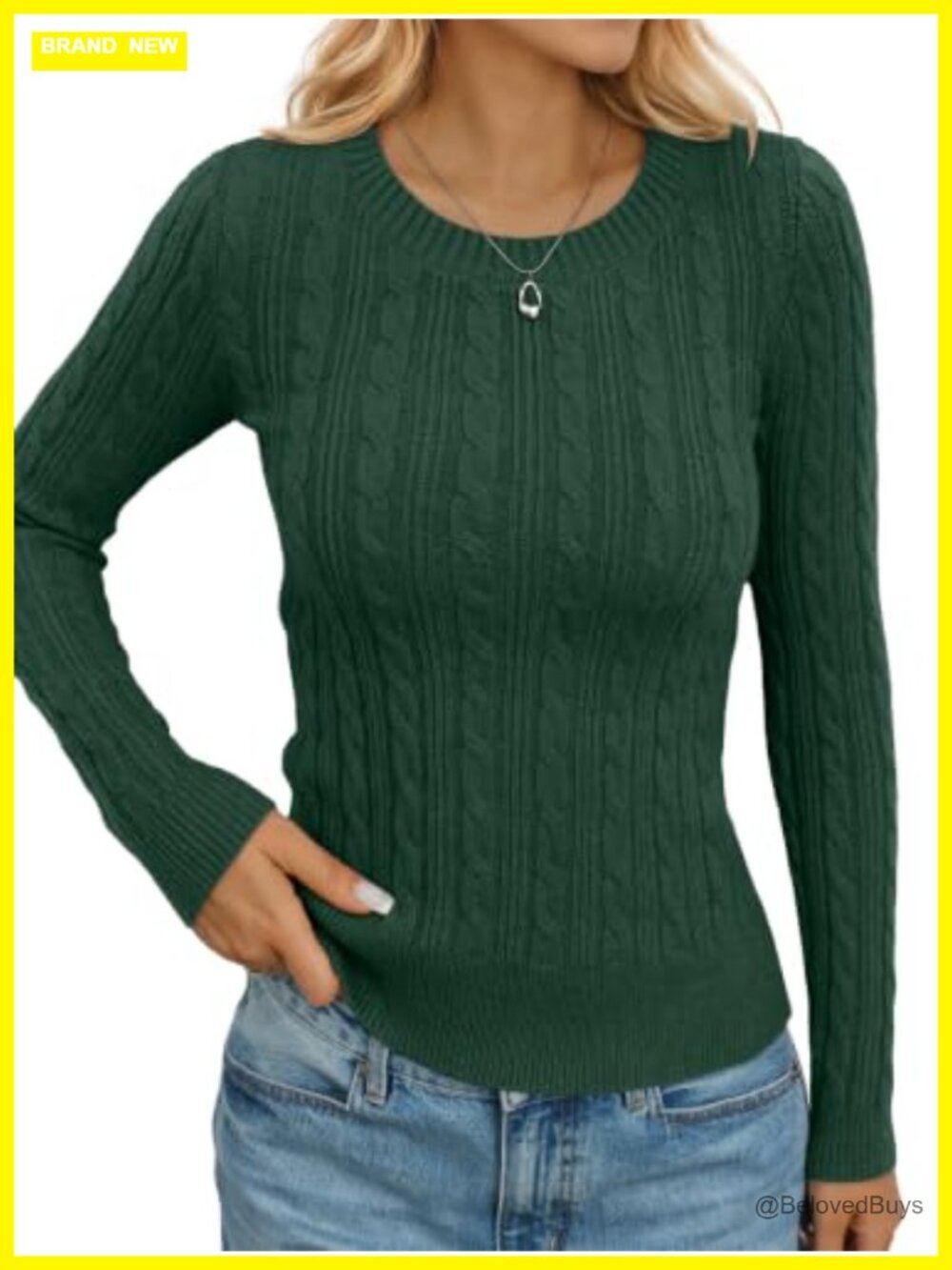 Womens Cable Knit Sweater Crew Neck Fitted Chunky Pullover Long Sleeve Casual